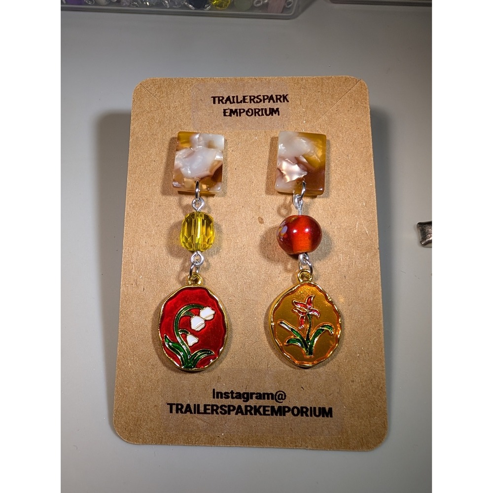 Trailerspark Emporium Mismatched Floral Drop Earrings Nickel Free Lily Enamel